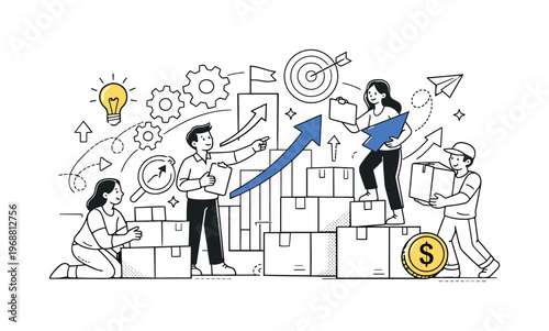 Growing a small business. Team working around charts and boxes, ideas turning into measurable growth,