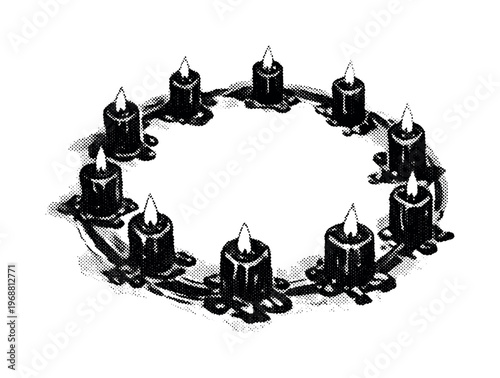 Occult candle circle seen from directly above, candles slightly uneven and organic, ring partially cropped by