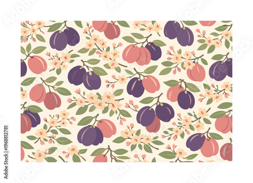 plums and floral branches, seamless pattern, repeating pattern, surface design, textile print, soft color