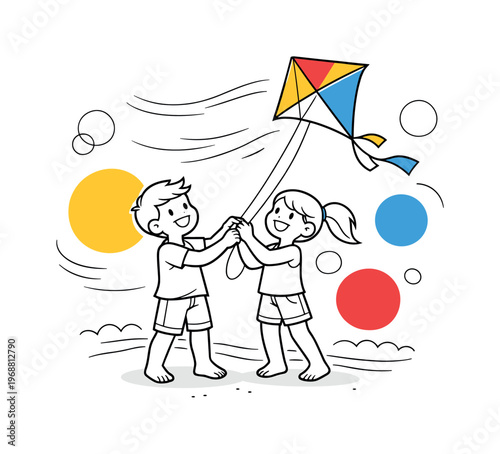 Beach breeze moment. Two kids holding kite strings together as their bright kite rises high, soft motion lines