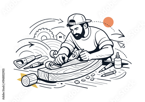 Woodworking Artistry in Motion. Woodworking craftsmanship. Carpenter shaping timber with hand tools, careful