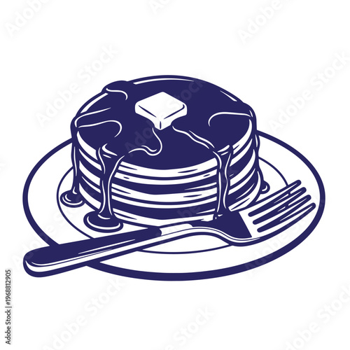 Stack of pancakes with melting butter and syrup on a round plate with a fork beside it in a dark blue monochromatic style