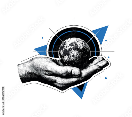 vintage black and white human hand gently holding a small detailed planet, planetary surface with subtle