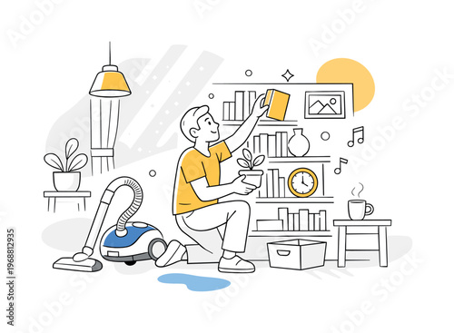 Home tidying routine. A cozy interior with a person organizing books and decor, dust particles floating in