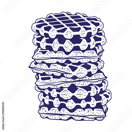Stack of round belgian waffles with a grid pattern and dotted texture rendered in a dark blue line style on a white background