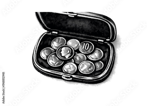 A small open coin case with scattered coins inside, viewed from above and slightly cropped, illustrated in