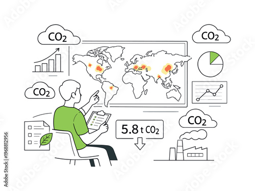 Carbon footprint tracking. Person reviewing global map with emission hotspots highlighted, charts and CO₂