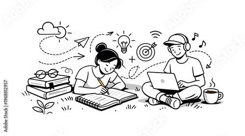 Fresh learning scene. Close-up of books, notebook and coffee on grass, soft sunlight and gentle shadows,