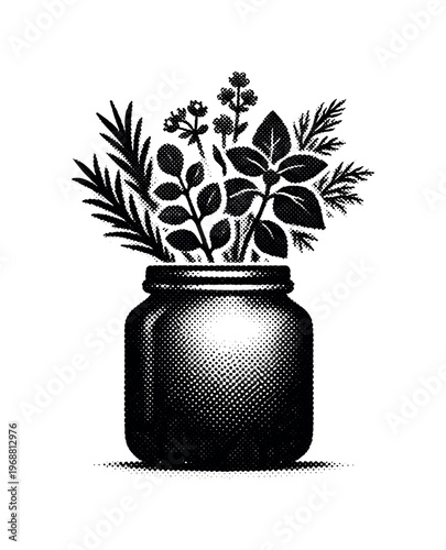 Symbolic composition of a simplified silhouette of a jar with herbs emerging from the top, form defined