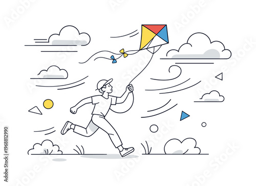 Flying a kite on a windy day. A person running while holding a string, a kite soaring high in the sky, strong