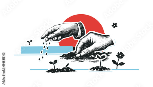 Minimalist editorial collage of overlapping black and white antique illustrations of hands sowing seeds with