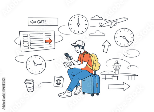 Stopover travel experience. Traveler checking schedule during layover, clocks, terminals, and arrows floating