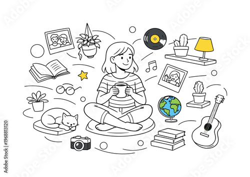 Personalized home spaces. Cozy interior with custom decor, photos, plants, and books reflecting personality,