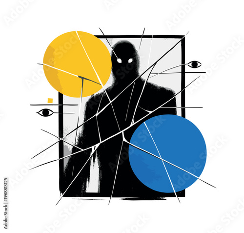 Surreal interpretation of a shadow figure behind glass with exaggerated scale, black silhouette partially