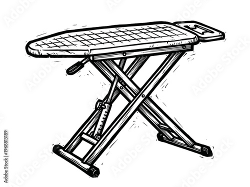 Vintage Folding Ironing Board Household Laundry Equipment Engraving Illustration Black and White Line Art