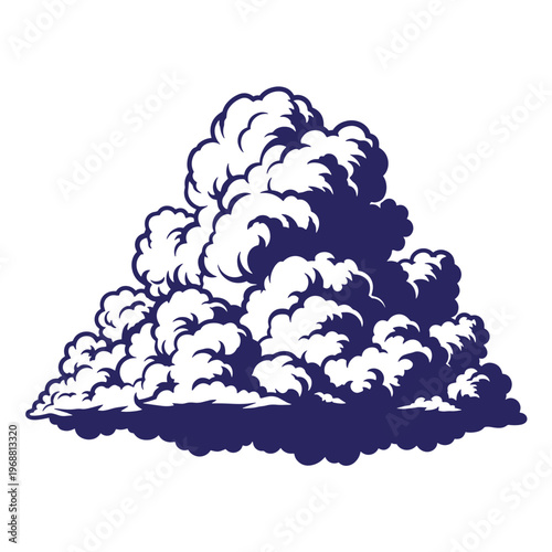 A single large fluffy cumulus cloud illustrated in a two tone dark blue and white style with bold outlines and shaded rounded shapes isolated on a plain white background
