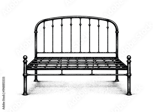 Vintage Iron Bedframe. Old iron bed frame shown front-facing as a single skeletal structure, curved headboard