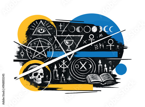 Surreal interpretation of an occult diagram chalkboard with exaggerated scale, black and white chalk-drawn