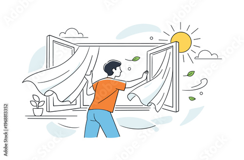 Opening windows for fresh air. A person pushing open a wide window, light curtains flowing outward, soft