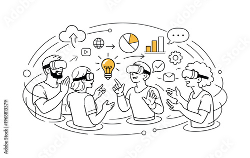 Virtual Team Collaboration. Remote teamwork in virtual reality. Colleagues interacting as avatars in a shared