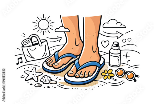 Flip-flops in everyday life. Close-up of feet in flip-flops standing on warm ground, subtle texture and calm