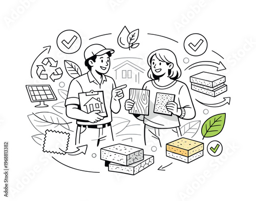 Eco-conscious home design. Designer and homeowner choosing sustainable materials together, mood of