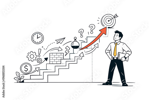 Small business growth and challenges. Entrepreneur standing beside an upward graph while obstacles appear as