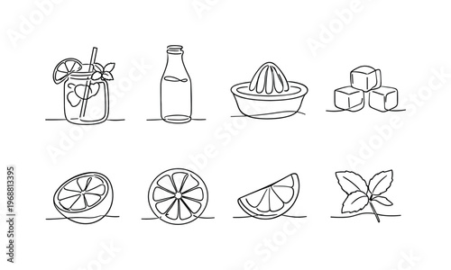 SUMMER CITRUS DRINKS. Minimalistic set one-line drawing mason jar with lemonade, lemon wedge, mint sprig,