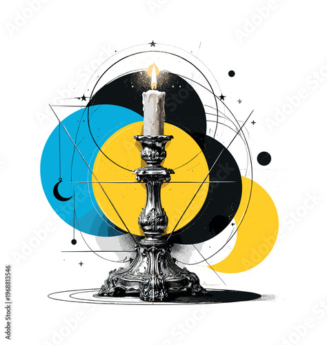 Surreal interpretation of an antique candleholder with exaggerated scale, black and white ornate candleholder