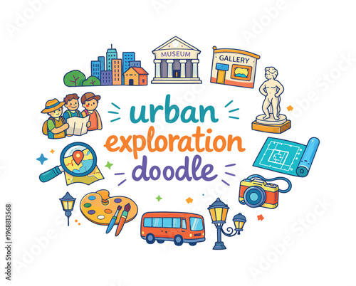 urban exploration doodle. Hand drawn illustration of urban exploration doodle. city skyline, museum, gallery,