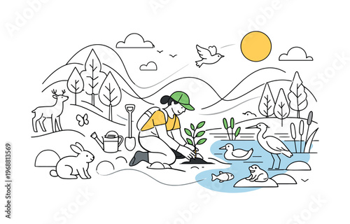 Restoring Natural Habitats. Protecting natural habitats. Person restoring forest and wetland areas, trees