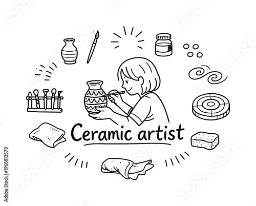 Ceramic Artist Doodle. Ceramic artist at work. Hand-drawn doodle illustration of ceramic artist at work. In