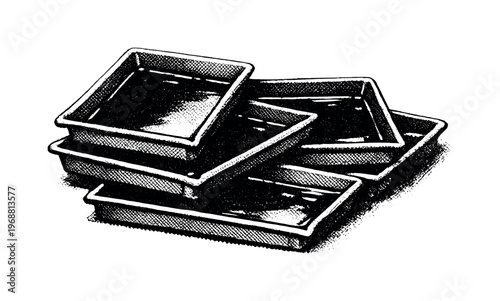 Retro darkroom photo trays arranged in a shallow stack as a single clustered object, rectangular forms