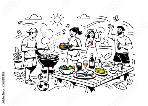 BBQ backyard spring flat. Friends grilling in a sunny backyard, smoke gently rising from the grill, relaxed