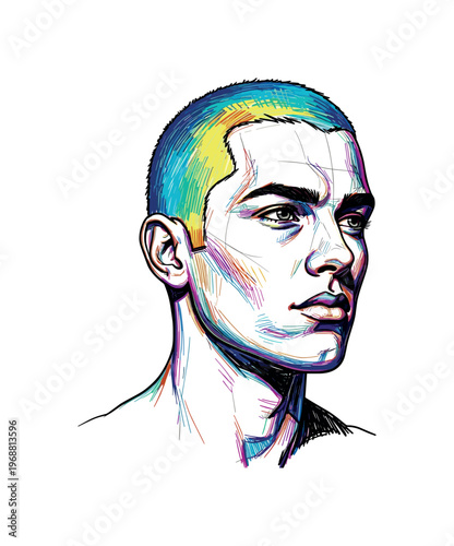 Vibrant sketch of a young man with short, colorful hair and intense gaze