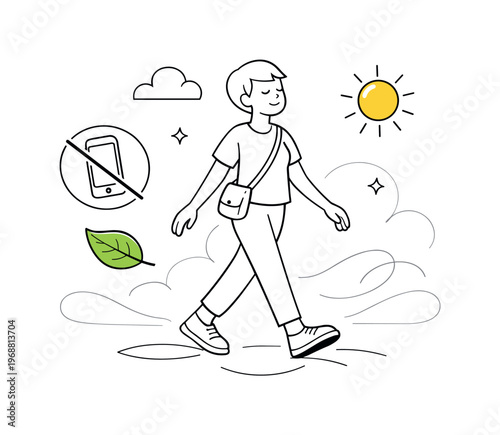 Everyday coping strategies. Individual taking a mindful walk, phone put away, leaf and sun symbols floating