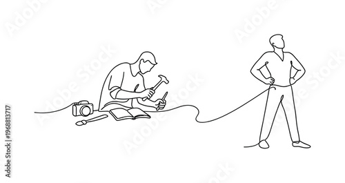 Personal Growth Training. Minimalistic one-line drawing person practicing a new skill with tools transforming