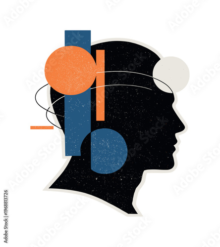 Modern Retro Silhouette. Film grain silhouette portrait portrayed as a moody human profile, black and white