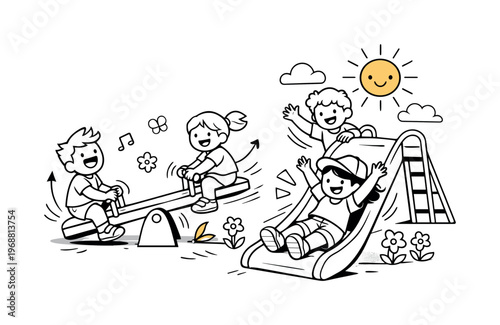 Playful Spring Fun. Spring play scene. Close-up of kids on a seesaw and slide, motion lines showing movement,