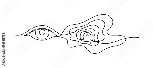 Altered Perception. Minimalistic one-line drawing eye transforming into layered abstract spaces expressing