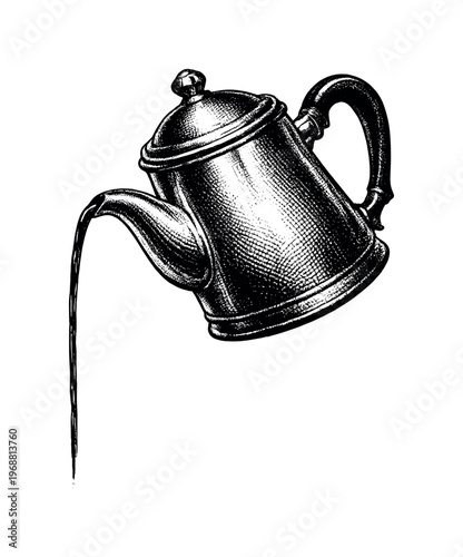 A classic coffee pot pouring a thin stream into an unseen cup below, depicted mid-action with a slight tilt,