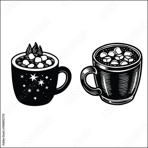  Hot Chocolate Mug with Marshmallows Silhouette ,Cozy Winter Beverage Vector
