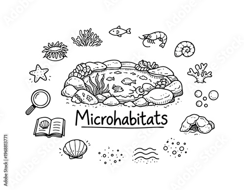 Ocean microhabitats. Hand-drawn doodle illustration of ocean microhabitats. In the middle, one slightly larger