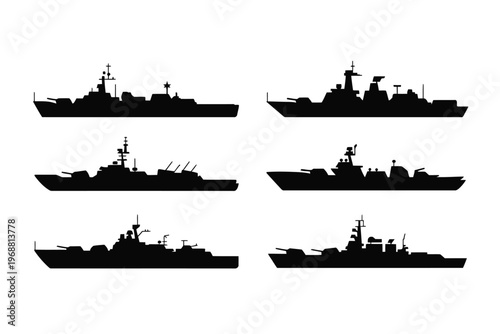 Black Silhouettes of Three Military Warships in Profile