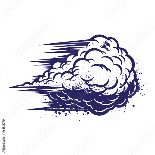 Dark blue comic book style cloud of dust or smoke with motion lines and ink splatter texture isolated on a white background