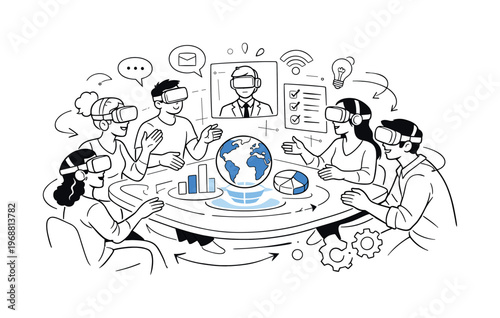 Virtual reality meetings. Team members wearing VR headsets gathered around a floating virtual table, shared