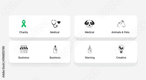 Icons for Charity, Medical, Business, Animals, Warming, Creative Concepts