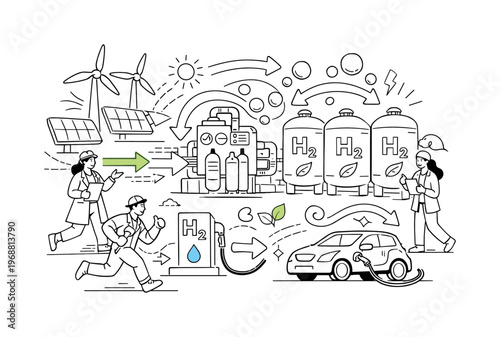 Green hydrogen projects. Electrolyzer facility powered by wind turbines and solar panels, clean energy flowing