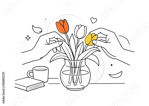 Tulip arrangement moment. A close-up scene with hands adjusting tulip stems in a vase, leaves and petals