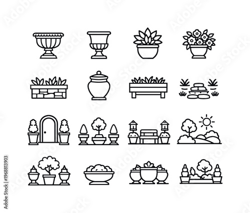 Using outdoor planters and urns to enhance garden spaces. Line outline icon set of Using outdoor planters and